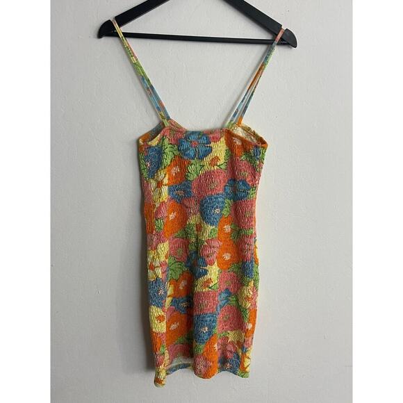 Zara L Dress Hawaiian Floral Smocked Stretch Mini Cover Up Halter 70s Style - Picture 7 of 8